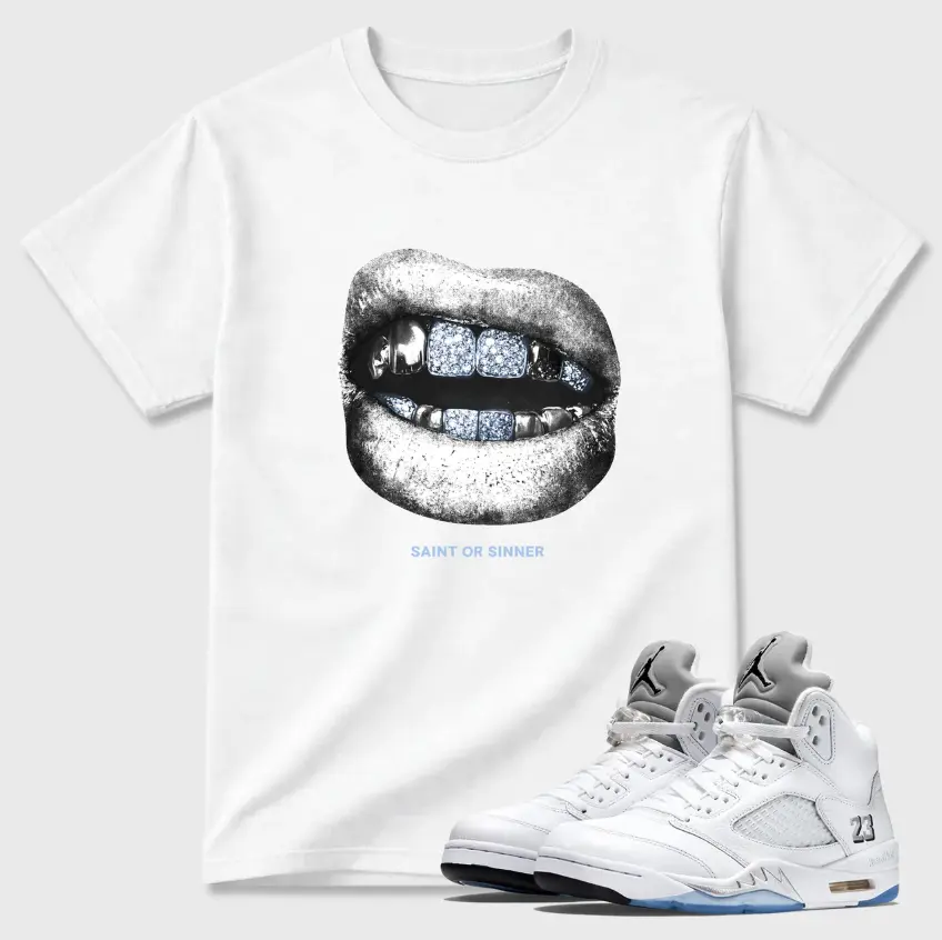 Lips Shirt To Match 5 White Metallic, 5 White Metallic Sneaker Matching Shirt, Jordan Match Tee, Cotton Unisex Graphic T-Shirt
