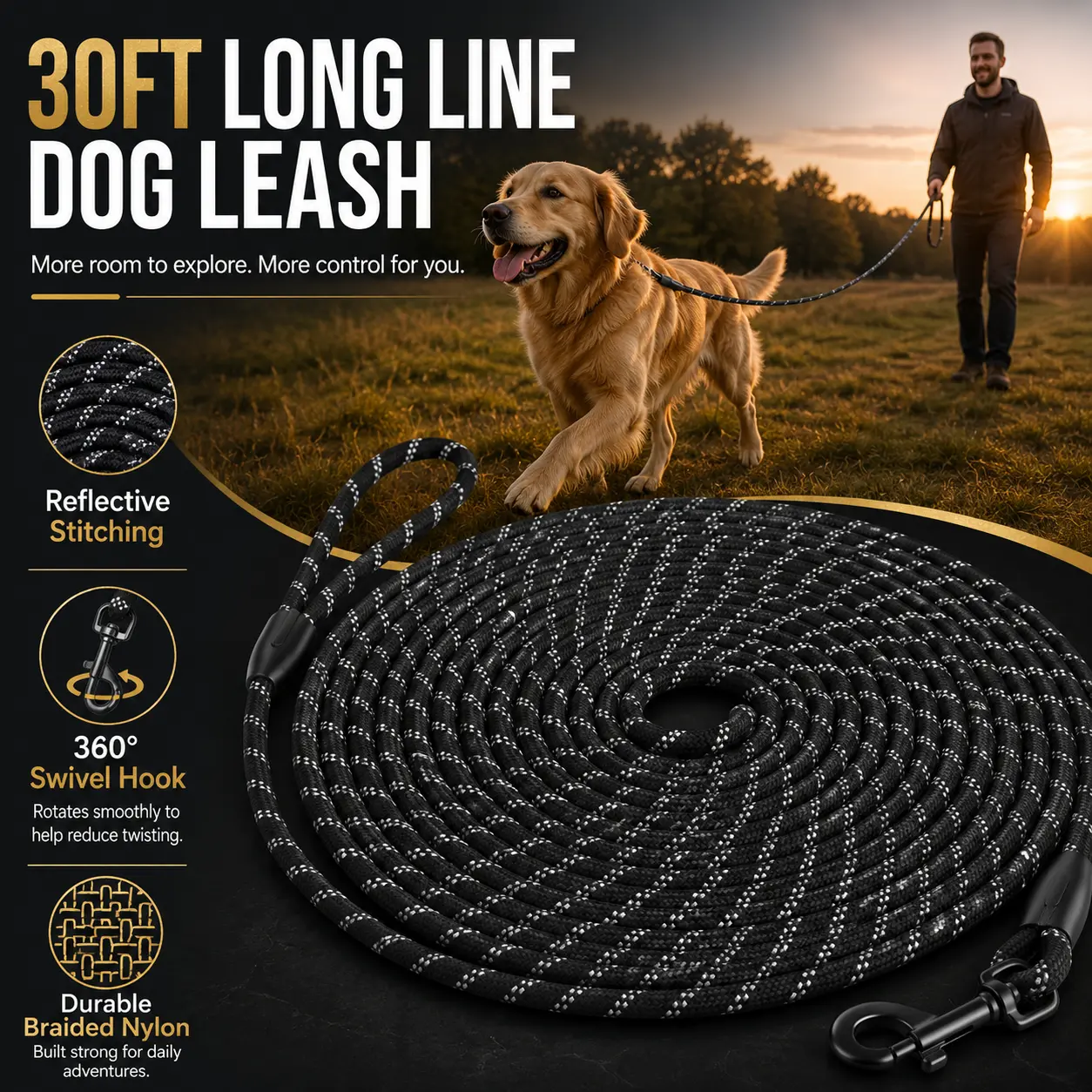 30FT Reflective Nylon Long Line Dog Training Lead, Tangle-Free Swivel Hook Design for Large Dogs, Outdoor Walking & Camping Use, Black