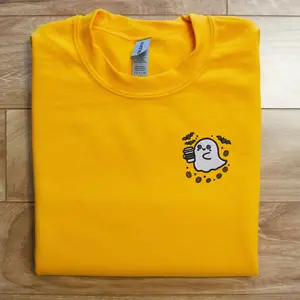 Embroidered Ghost with Coffee & Bats Sweater, Halloween Crewneck Sweatshirt, Spooky Season Sweatshirt, Coffee Lover Sweater Menswear, Womenswear, Casual