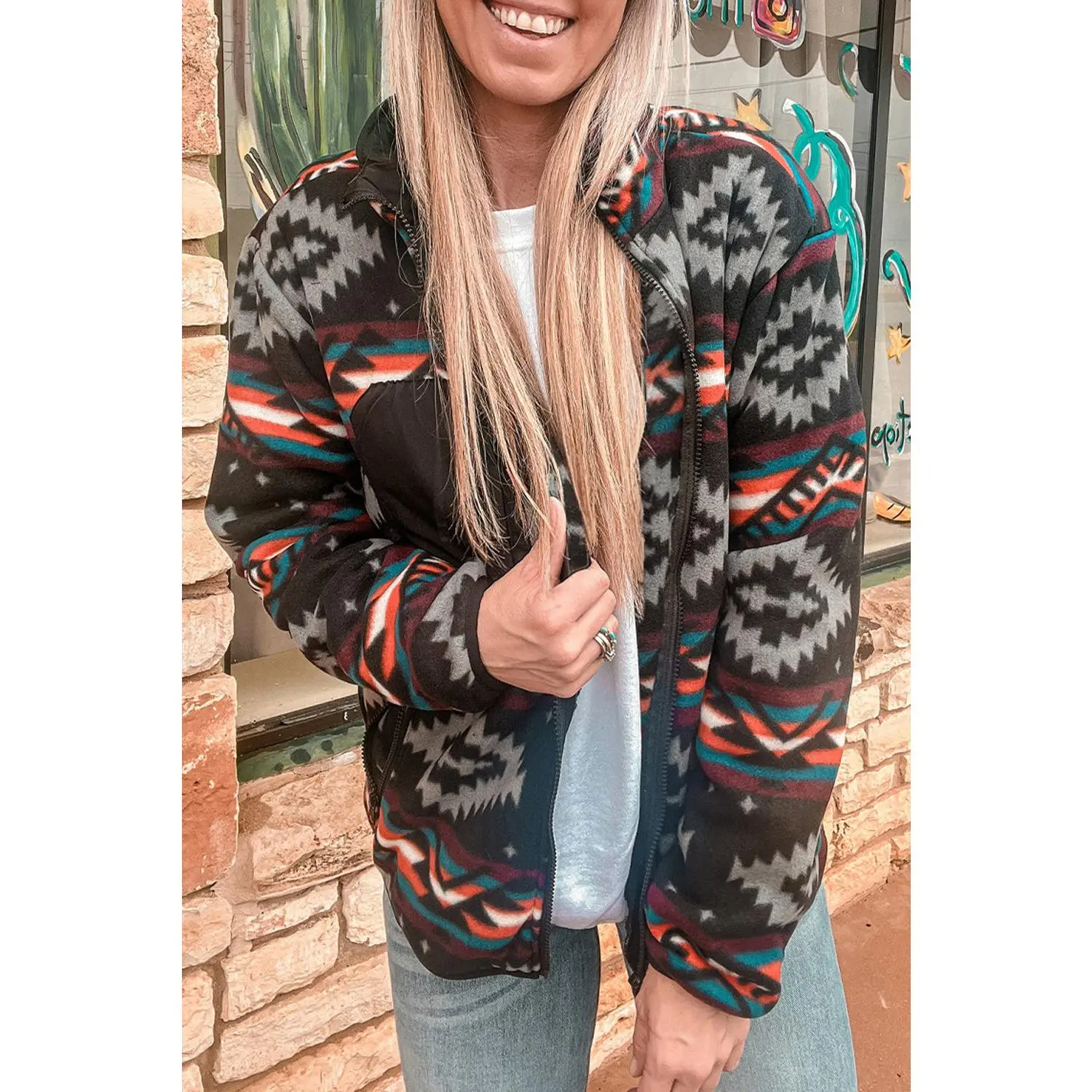 Black Aztec Printed Zip Up Collar Jacket