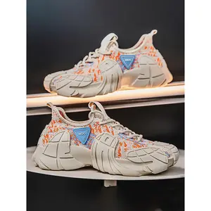 Men's Colorblock Print Lace Up Sneakers, Casual Breathable Comfortable Sports Running Shoes, Male All-match Round Toe Chunky Sneakers for Daily Life, Closed, Knit Running Shoes