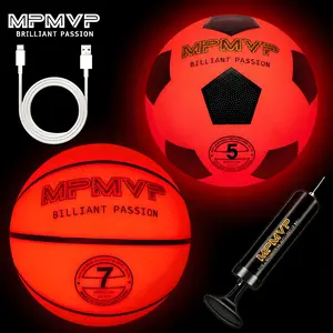 Glow in The Dark Basketball & Soccer Ball Combo – LED Rechargeable Size 7 Basketball + Size 5 Soccer/Football, Light Up Night Training Equipment for Youth Adults, Indoor Outdoor Sports Set with Pump, USB Cable – Ultimate Gift for Kids Teens&