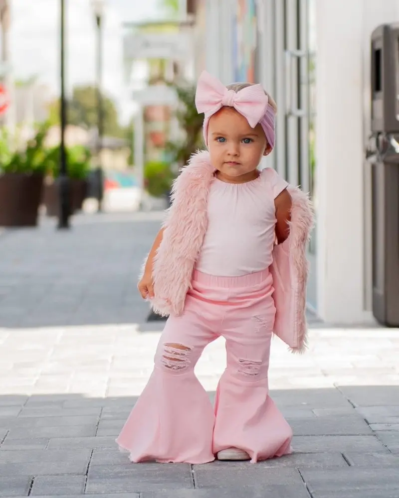 Toddler Girl Bell Bottoms | Baby Girl Flare Pants | Barbie Pleated Denim Bell Bottoms PowerPuff Distressed Pink | Cute Kids Outfit Pants for Play, Photos & Everyday Wear