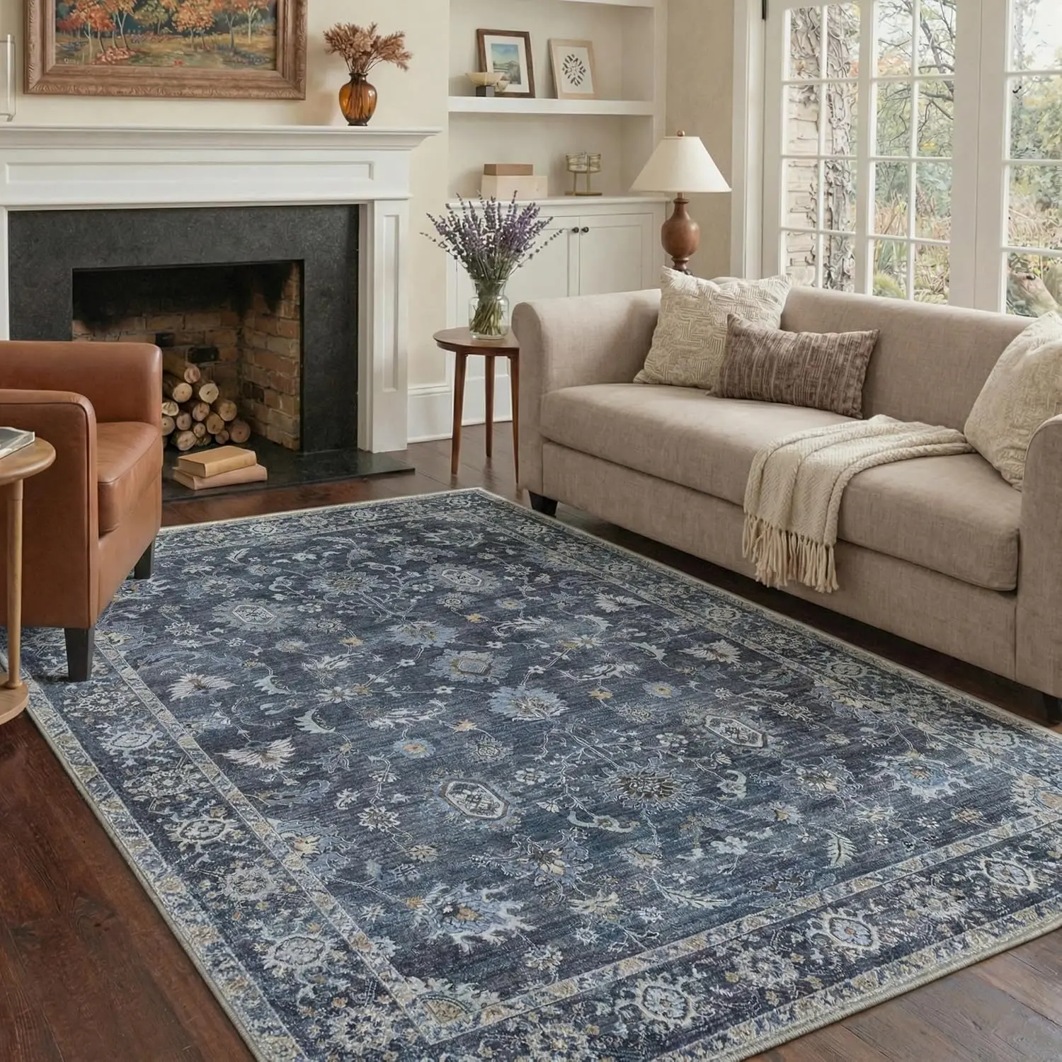 【Deals For You Days】GENIMO Area Rugs for Living Room, Machine Washable Non Slip Vintage Rugs, Low Pile Lightweight Chenille Print Rug for Bedroom, Dining Room, Home Office, Distressed Navy Blue