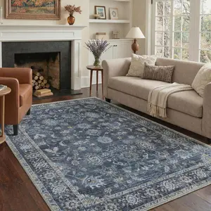 【Deals For You Days】BEIMO Area Rugs for Living Room, Machine Washable Non Slip Vintage Rugs, Low Pile Lightweight Chenille Print Rug for Bedroom, Dining Room, Home Office, Distressed Navy Blue