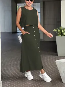 Women's Summer Skirt Set, Sleeveless Crop Top, Button Front Midi Skirt with Pockets, Casual Chic Style for Vacation, Tiktok Viral Fashion