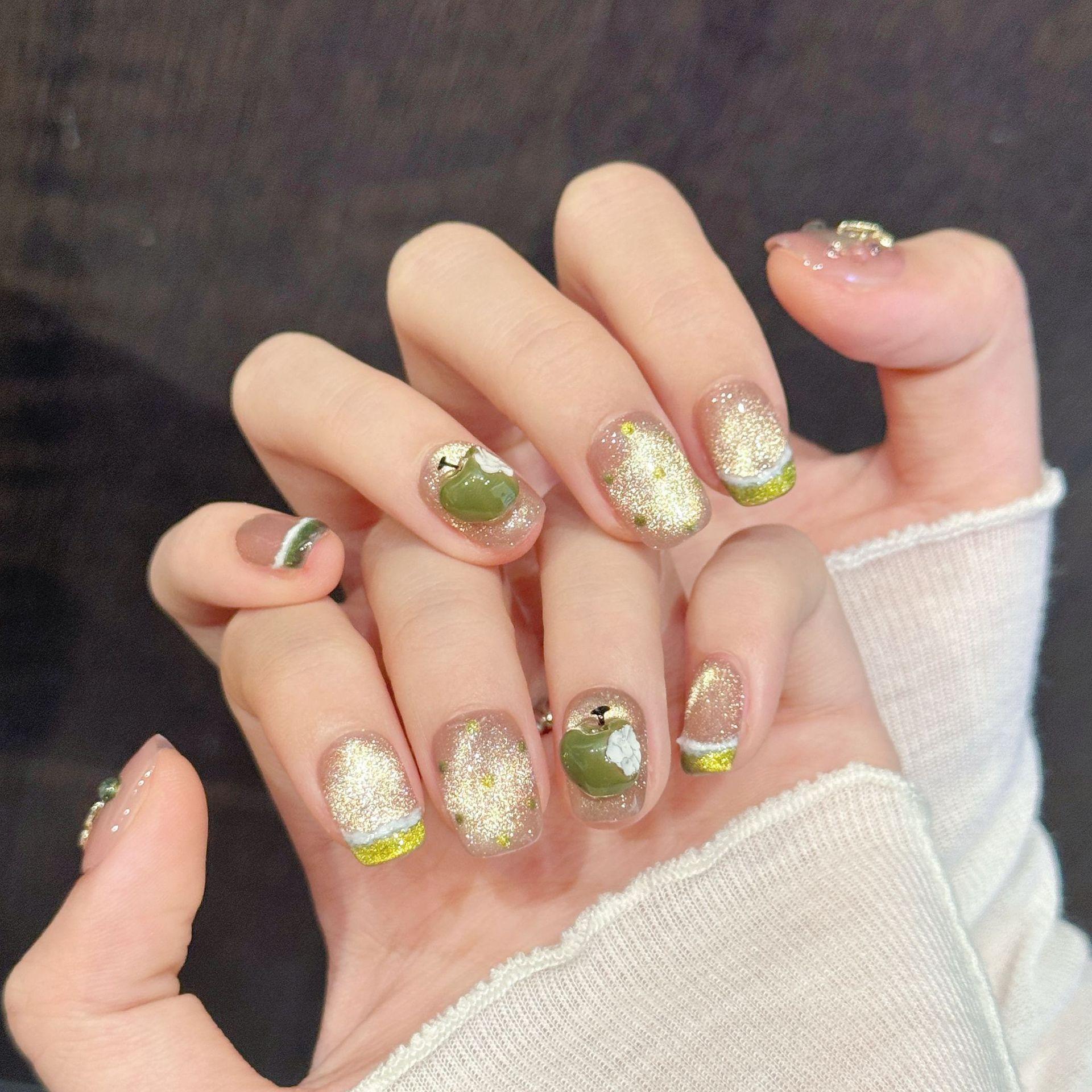 【Lucy UU】New 2 Styles Sweet Short Square Press On Nails 3D Bow Green Apple Charm Design Handmade Reusable Cute Fake Nail For Women Girls