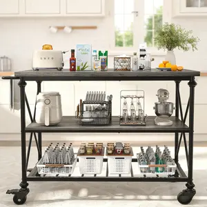 Kitchen Island Cart with Locking Wheels, 3-Tier Wood & Metal Kitchen Table with Storage Shelves, Kitchen Rolling Island with Industrial Pipe Legs, Black Oak