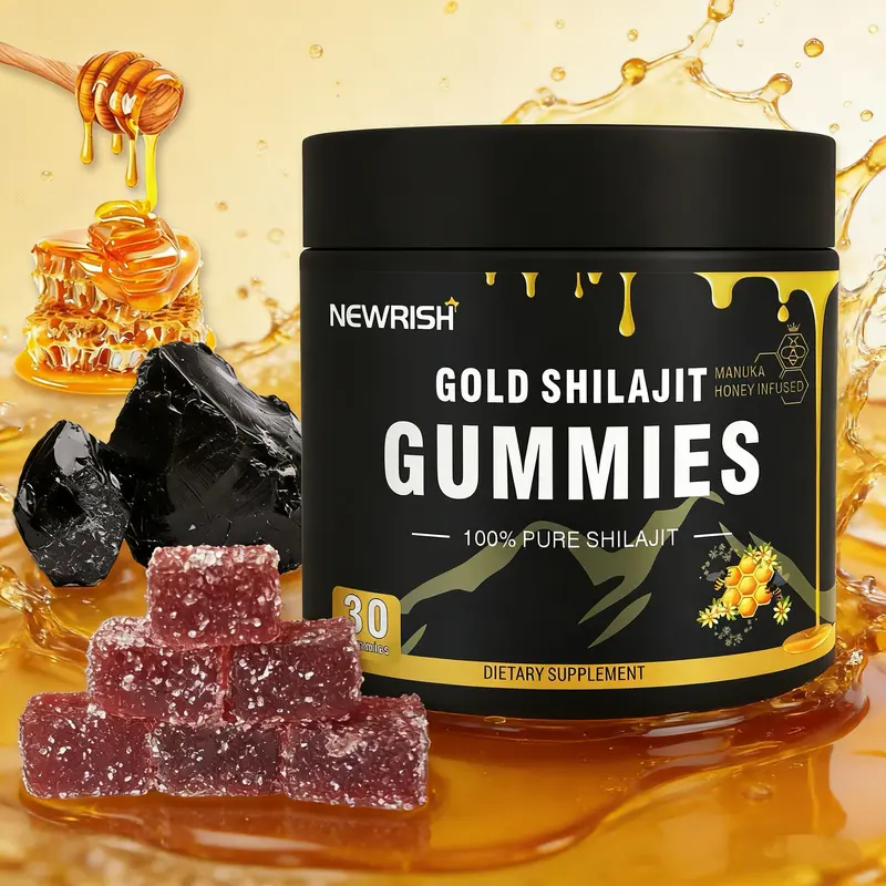 Newrish Himalaya Shilajit Gummies - 100% Natural and Organic - Improves Athletic Performance - With Manuka Honey / Fulvic Acid and 85+ Trace Mineral Complex - 30 Gummies