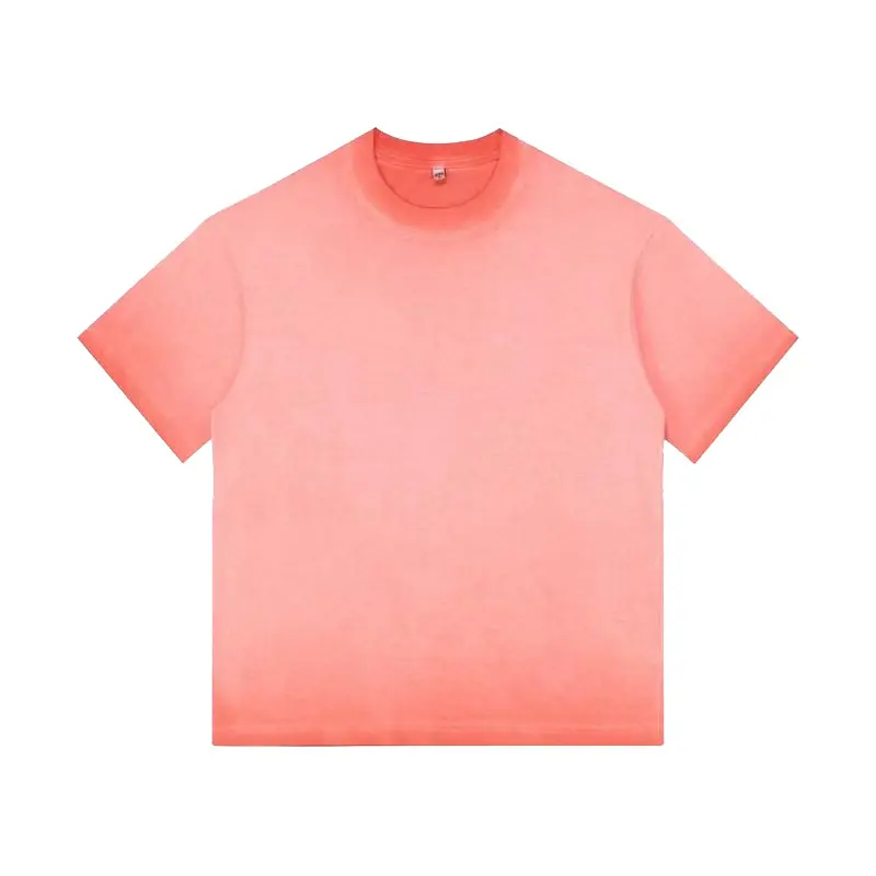 Men's 100% Pure Cotton Heavyweight Gradient Fade Look Oversized Vintage Casual Round Neck Short-Shoulder Sleeve T-Shirt - Wear-Resistant, Breathable Street Style Top, Coral Sun Fade, US/EU Sizes