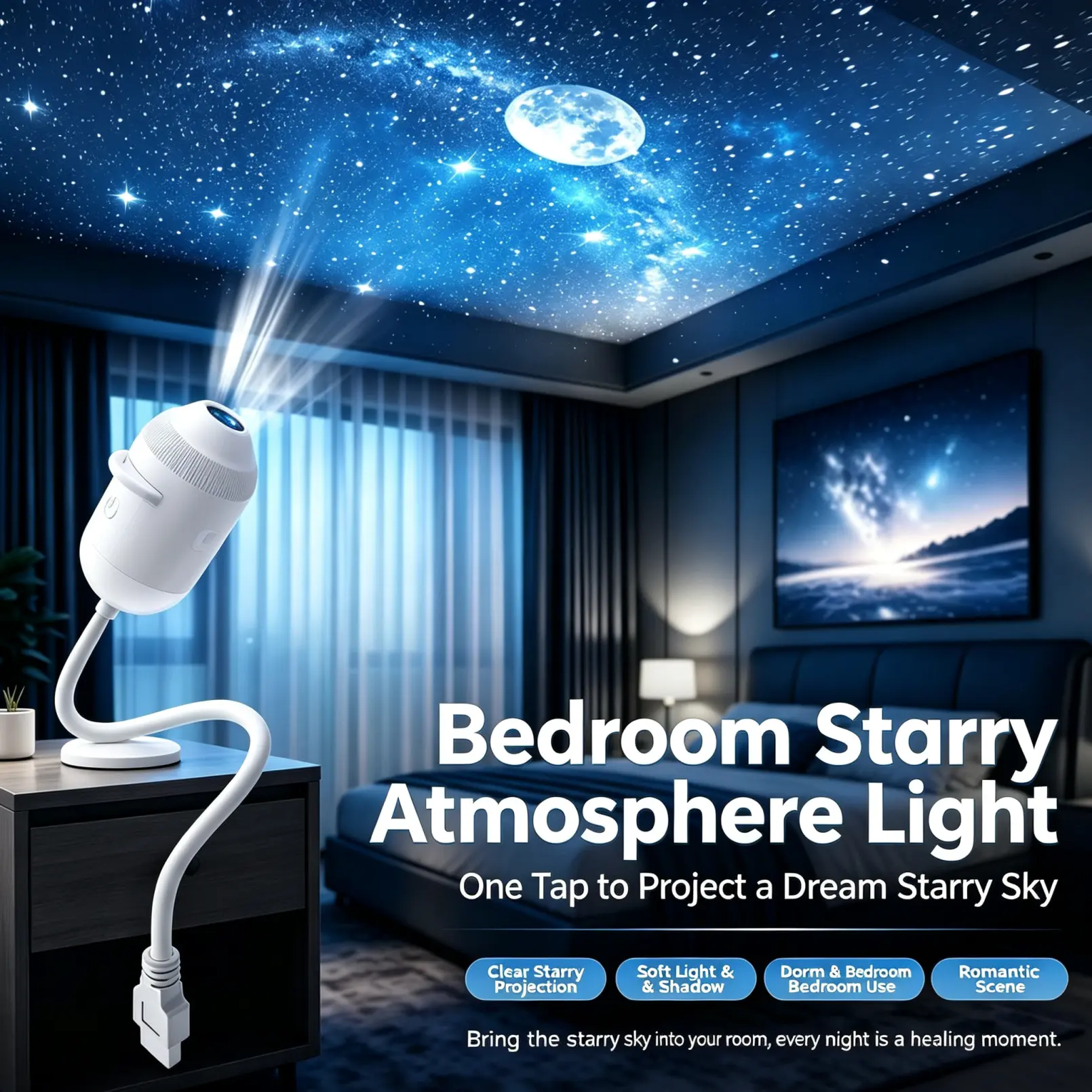 12pcs Starry Sky Projector Lights - Bedroom Atmosphere Lamp with Moon & Galaxy Projection, Soft Night Light for Bedside, Romantic Decor