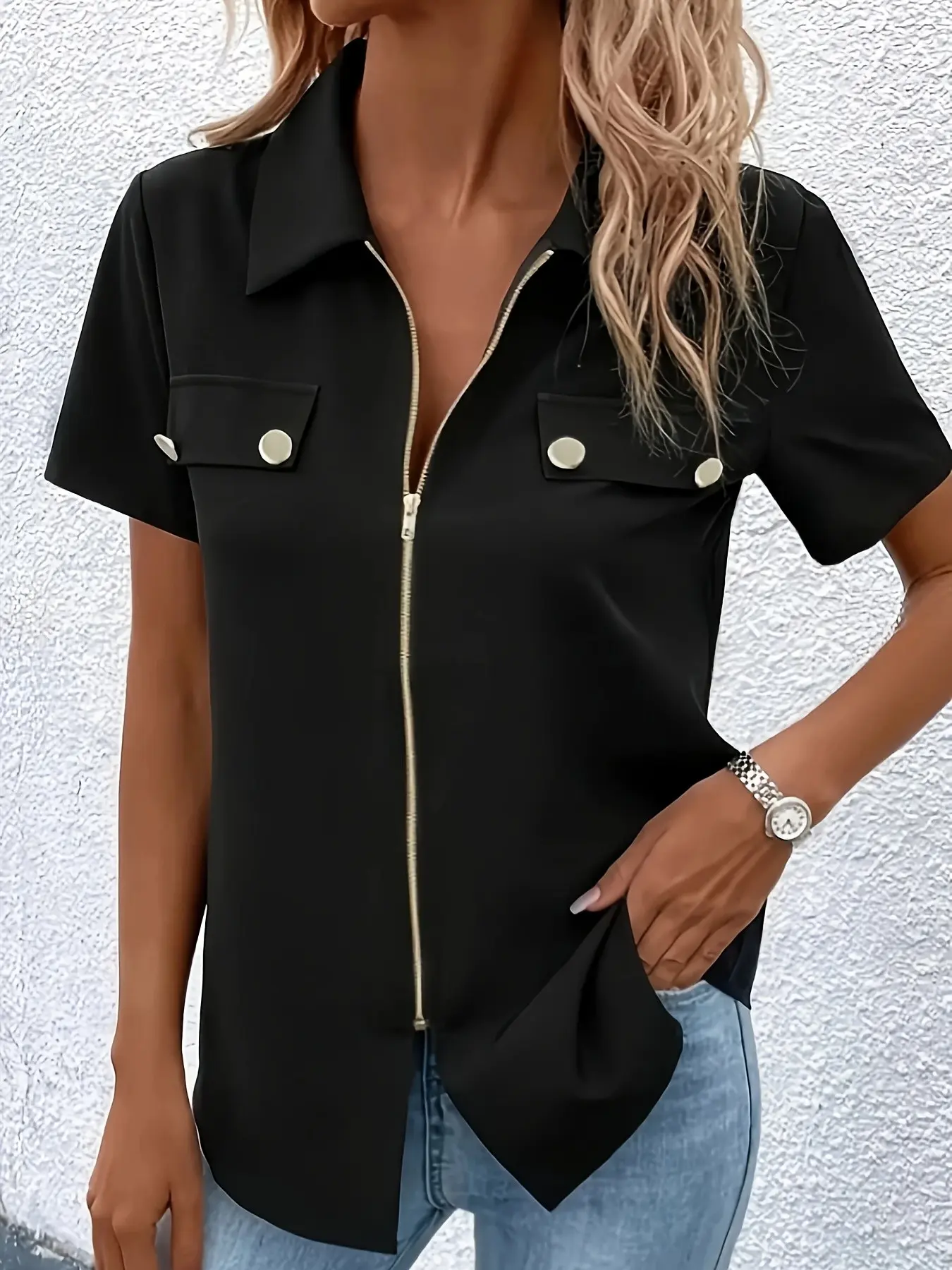 Zipper Shirt with Collar Short Sleeve Commuter Style, Basic Casual Daily Wear Top, Versatile Cool and Tough Look, Fitted Blouses, Casual Blouse Shirts
