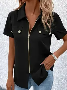 Zipper Shirt with Collar Short Sleeve Commuter Style, Basic Casual Daily Wear Top, Versatile Cool and Tough Look, Fitted Blouses