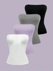 Classic Essential Spring Summer Fall Solid Color Casual Tube Top Set, No Shoulder Straps, Fitted Style, Four Piece Set