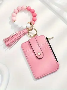 European-American PU Leather Zipper ID Card Holder Keychain Silicone Bead Bracelet, Folded Edge Credit Card Wallet, Women's Holiday Gift, Fashionable Card Holder, Credit Card Organizer