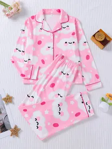 2-piece set of cute cartoon sleeping clouds, white stars, Halloween long sleeved pants, soft and comfortable, button closed elastic waistband, suitable for all seasons home, casual sleepwear, Breathable Loungewear, regular wear, Pajamas