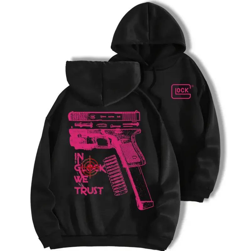 fall outfits In Glock We Trust Standard size Black Hoodie with Multicolor Design for Men and Women Classic Fit Menswear, Casual Top for Unisex Womenswear Sweatshirtshoodies men In Glock We Trust Hoodie – Streetwear Oversized Drop