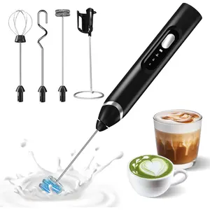 Handheld Electric Milk Frother: Rechargeable Frother Wand with Stand, 3 Speeds & Detachable Double Whisk Drink Mixer, Froth Stirrer for Latte, Cappuccino, Cream, Matcha, Dalgona Coffee - Black