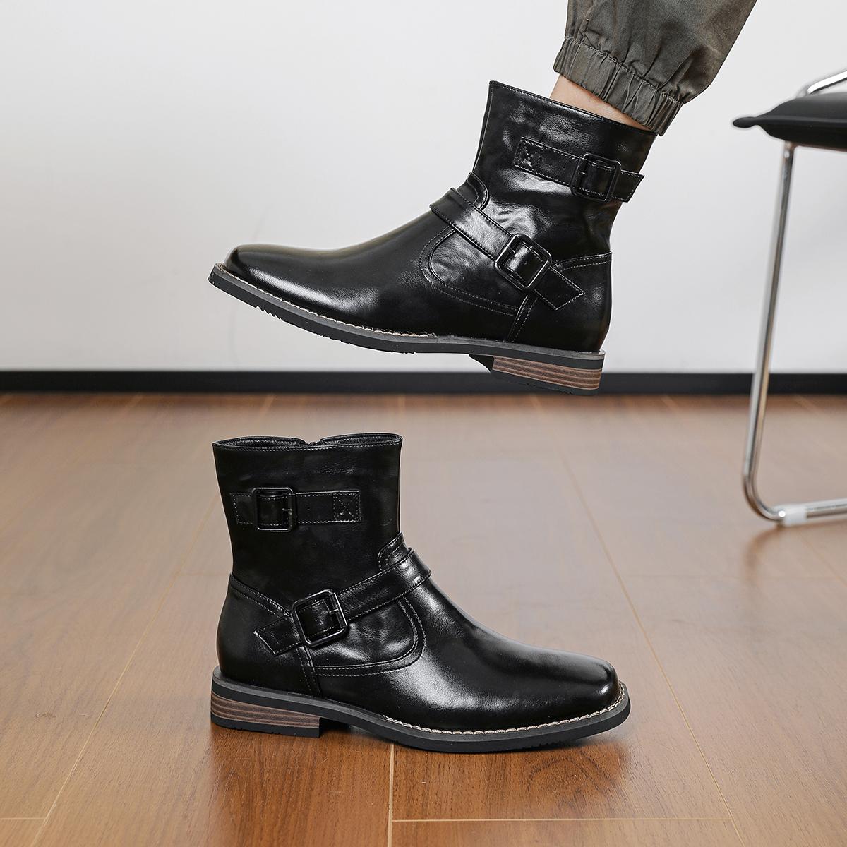 CYUW Men’s Retro Buckle Ankle Boots, Side Zipper Chelsea Boots, Everyday Casual Low-Heeled Dress Boots (Black/Brown)