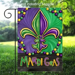 Mardi Gras Garden Flag, Linen Double-Sided Outdoor Yard Decoration, 12x18 Inch, Multipurpose Celebration Flag with Beads, for Carnival Party Decor, No Flagpole