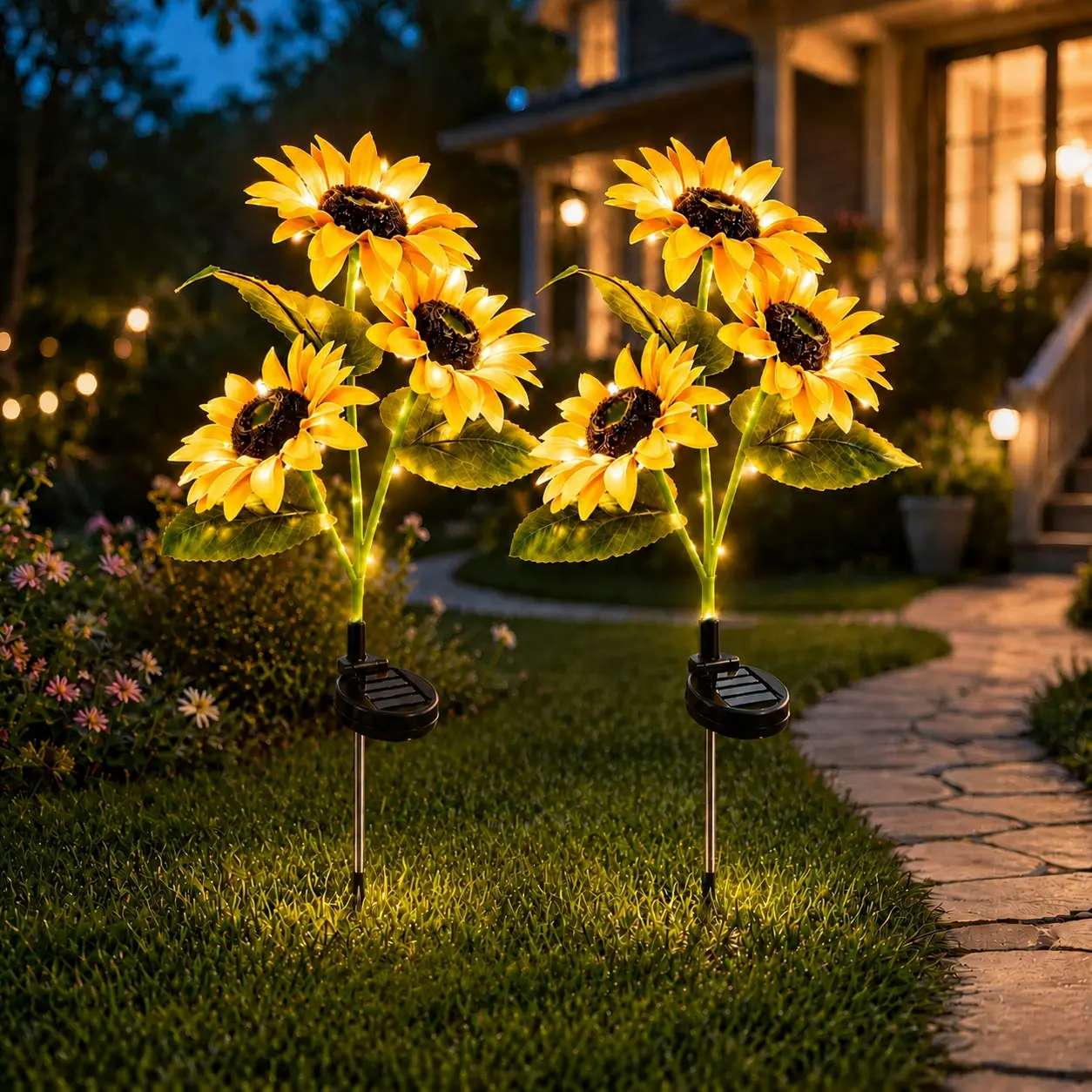 3-in-1 36 LED Solar Sunflower Garden Stake Lights, 2 pack Outdoor Auto On/Off Warm Yellow Lights for Patio, Pathway, Lawn & Flower Bed Decor
