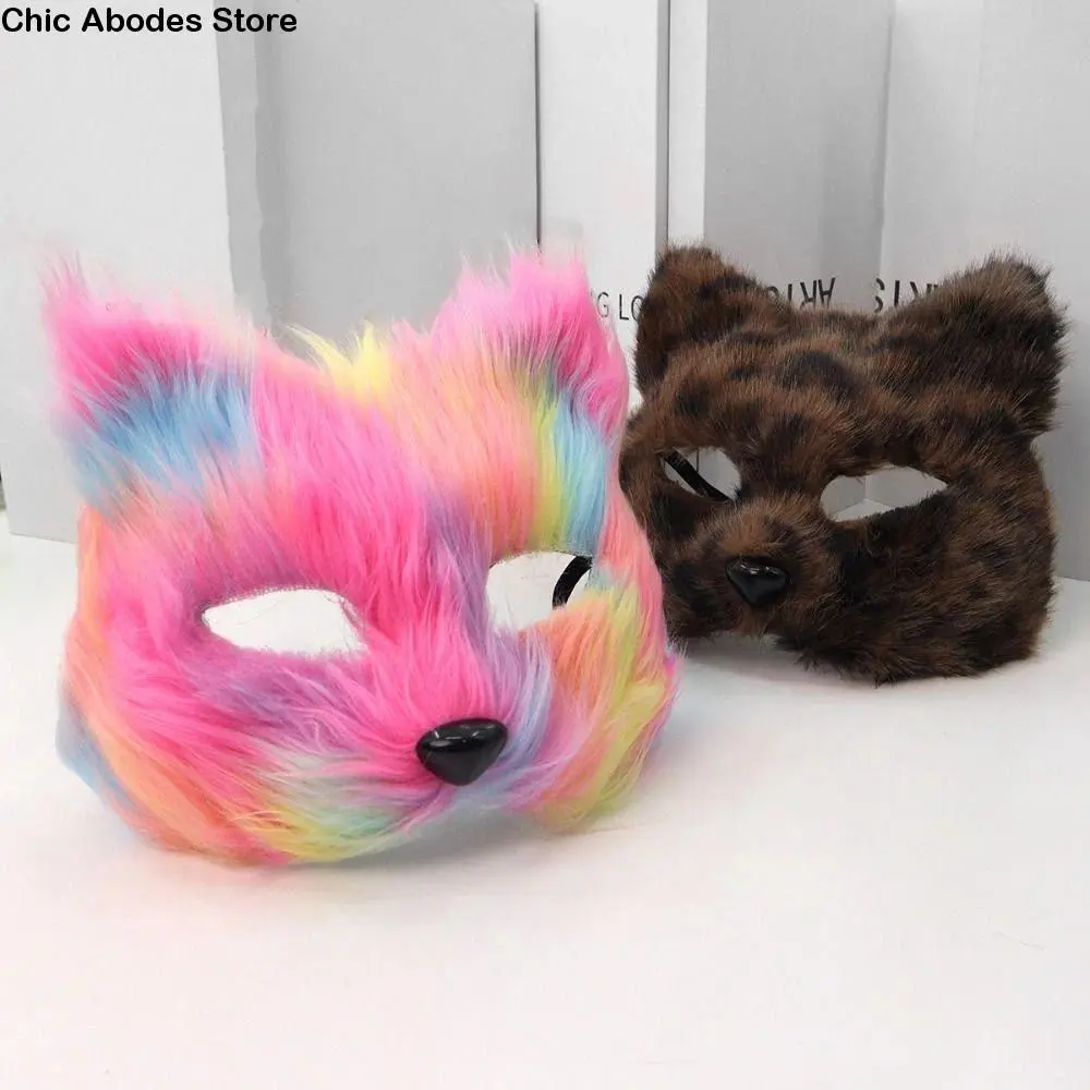 Realistic Plush Cat Mask Animal Cartoon Halloween Plush Masks Long Furry Halloween Decoration Half Face Mask