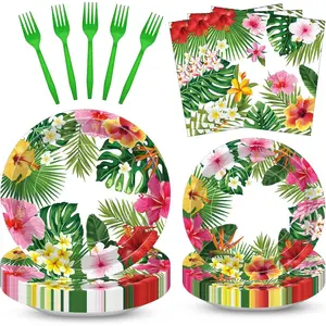 100 Pcs Tropical Luau Party Supplies Set Serves 25 Disposable Hibiscus Floral Paper Plates Napkins and Forks Hawaiian Themed Tableware for Summer BBQ Pool and Beach Aloha Birthday Decorations