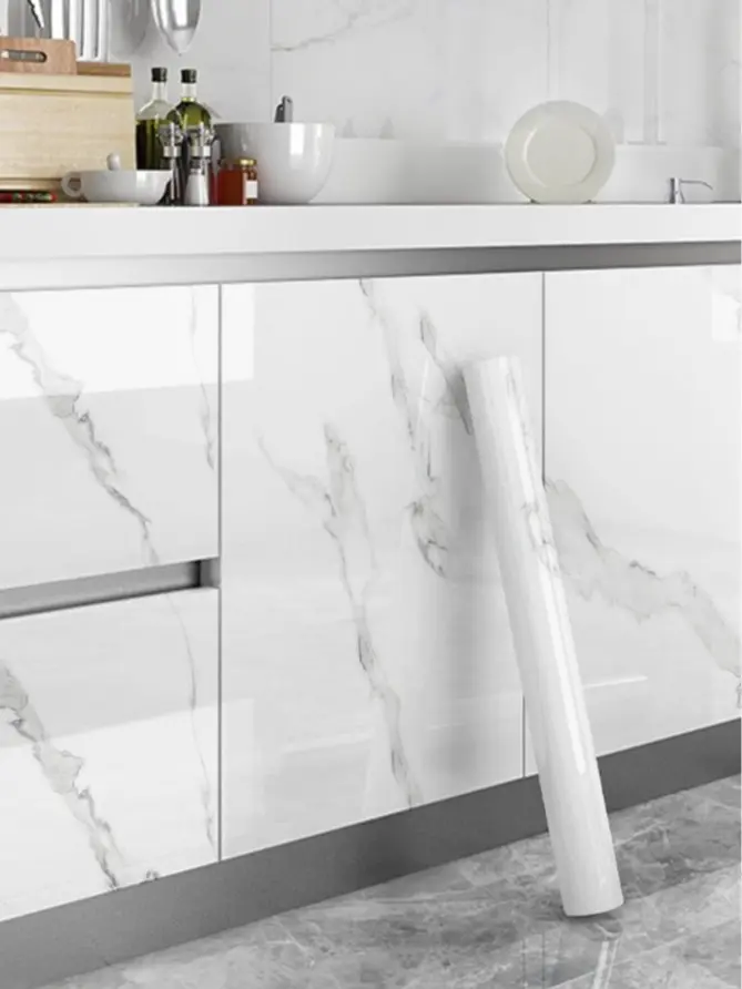 White Marble Self-Adhesive Kitchen Wallpaper – Waterproof, Oil-Proof & Heat-Resistant Countertop Contact Paper for Cabinets, Walls & Furniture Renovation