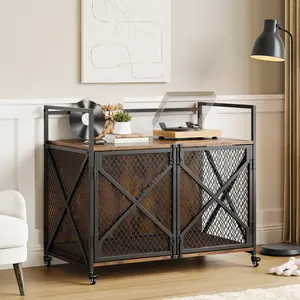 41" Heavy Duty Dog Crate Furniture with Lockable Wheels, Decorative Wooden Dog Cage End Table, Double Door Indoor Pet Kennel with Cushion for Dogs Up to 100 Lbs