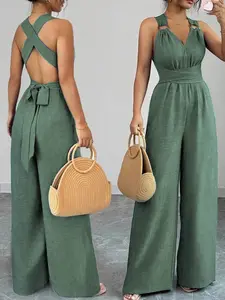 Women's V Neck Cross Waist Belt Design, Backless Wide Leg Straight Tube Pants, Summer Casual Vacation, Women's Jumpsuit Tk2506