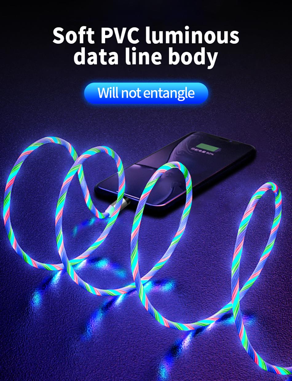 Compatible with Apple, Flowing Ligh Magnetic Streamer Data Line Cable for Iphone Android Typec