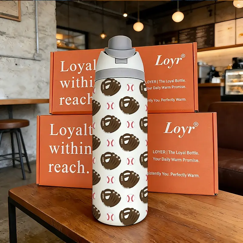 Loyr 32oz Dual-Drink Water Bottle, Creative Baseball Pattern Large Capacity Insulated Cup, Stainless Steel, Perfect Gift for Men and Women, Straw