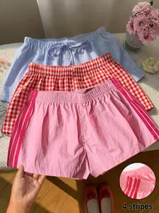 3-Pack Summer Casual Striped Plaid Side Stripe Shorts, Casual Relaxed Shorts, Plaid Print Shorts, Loose-Fit Elastic Waist Women's Bottoms, Daily Home Outdoor Wear, Womenswear