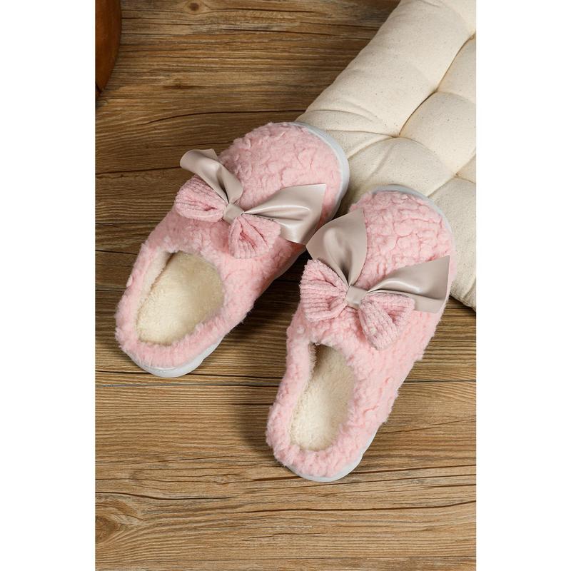 White Contrast Bowknot Applique Plush Winter Slippers