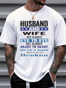 Mens Graphic Print T-Shirt - Husband & Wife Not Always Eye to Eye But Always Heart to Heart Design, 100% Loose Fit Casual Tee, Navy Blue Summer Shirt for Couples, Machine Washable Gift Idea, Outdoor Leisure Wear, Bold Text Design, Breathable Fabric