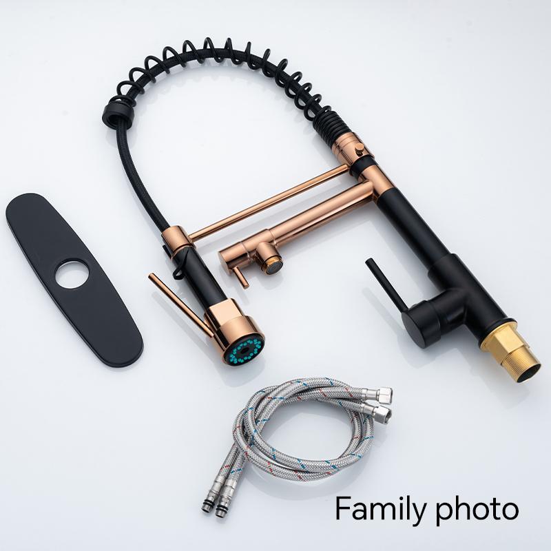 Kitchen faucet with pull-down spray, single handle double outlet commercial kitchen sink faucet, solid copper body, compatible with deck 1 or 3 holes