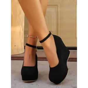 Fashion Wedge Heel Women's Shoes Spring Autumn New, One Strap Waterproof Platform High Heels Pearl Pendant Round Toe Slip-On