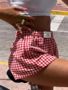 Sexy Plaid Casual Shorts for Women, Summer Elastic Waist Slimming Home Wear, Loose Fit Outdoor Shorts Womenswear