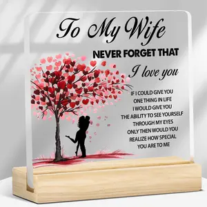To My Wife Acrylic Heart Plaque with Wooden Base, Romantic Love Quote Desk Sign Gift, Perfect for Valentine’s Day Anniversary Birthday, Bedroom Home Office Decor, Home Office Decoration