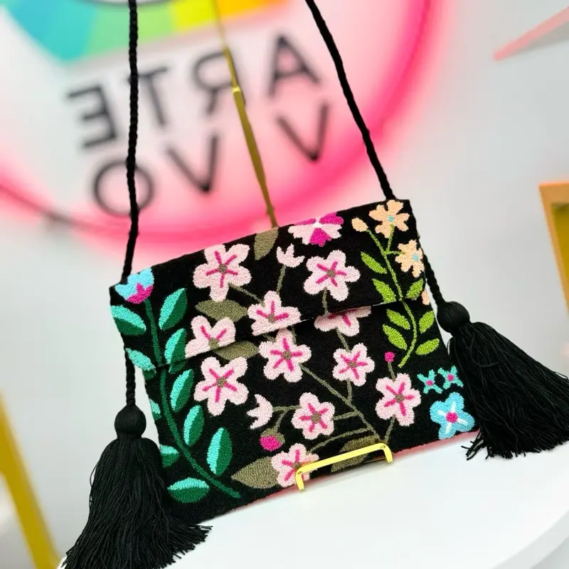 Floral Wayuu Tapestry Bag with Flap | 8H x 10W x 50 Strap | Handcrafted Upholstered Design