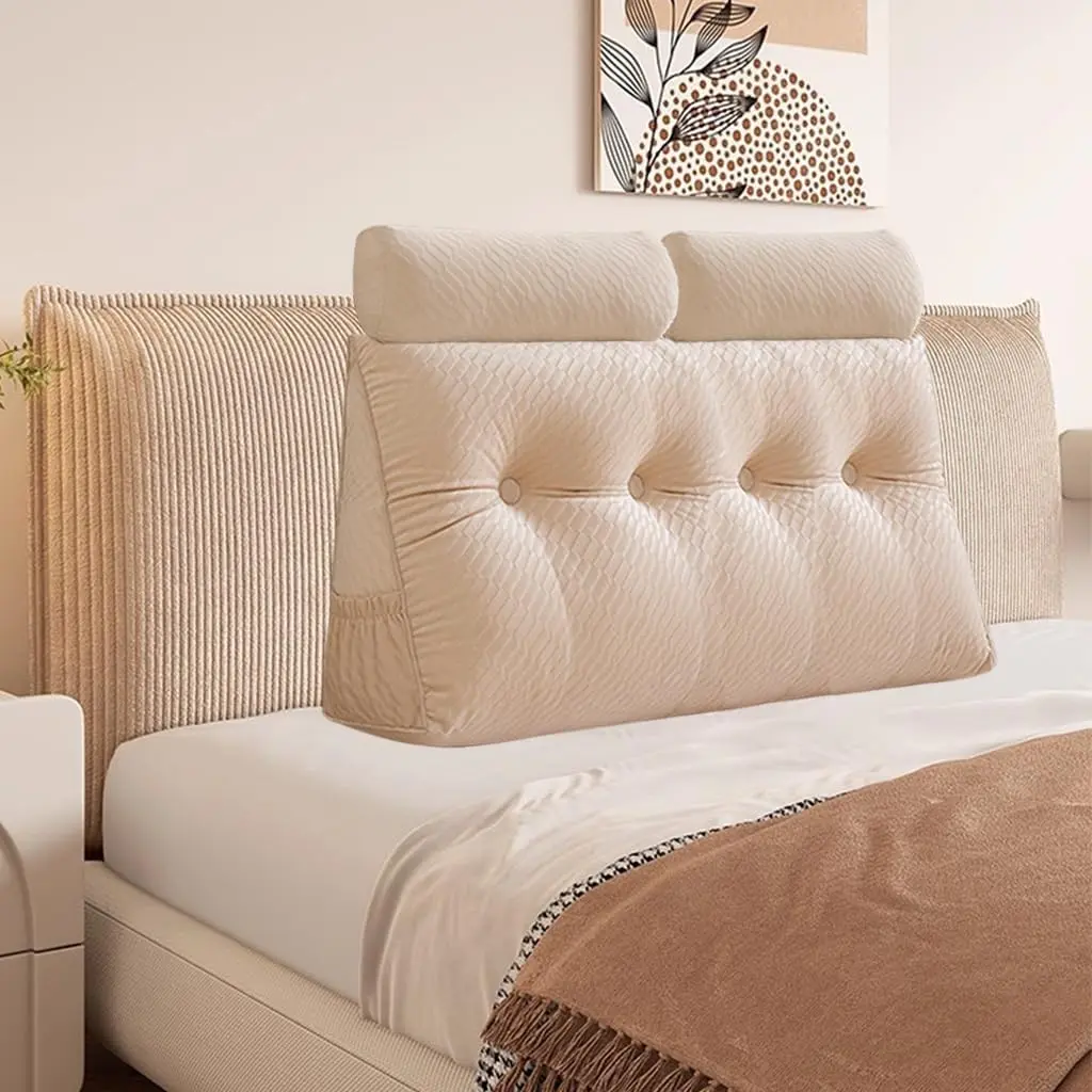 Velvet Triangular Wedge Pillow With Roll Pillows,Removable Cover Tiangular Headboard Pillow for Daybed,Backrest Positioning Support Pillow Cushion Resting Reading (Beige, Full(54 * 20 * 8in))