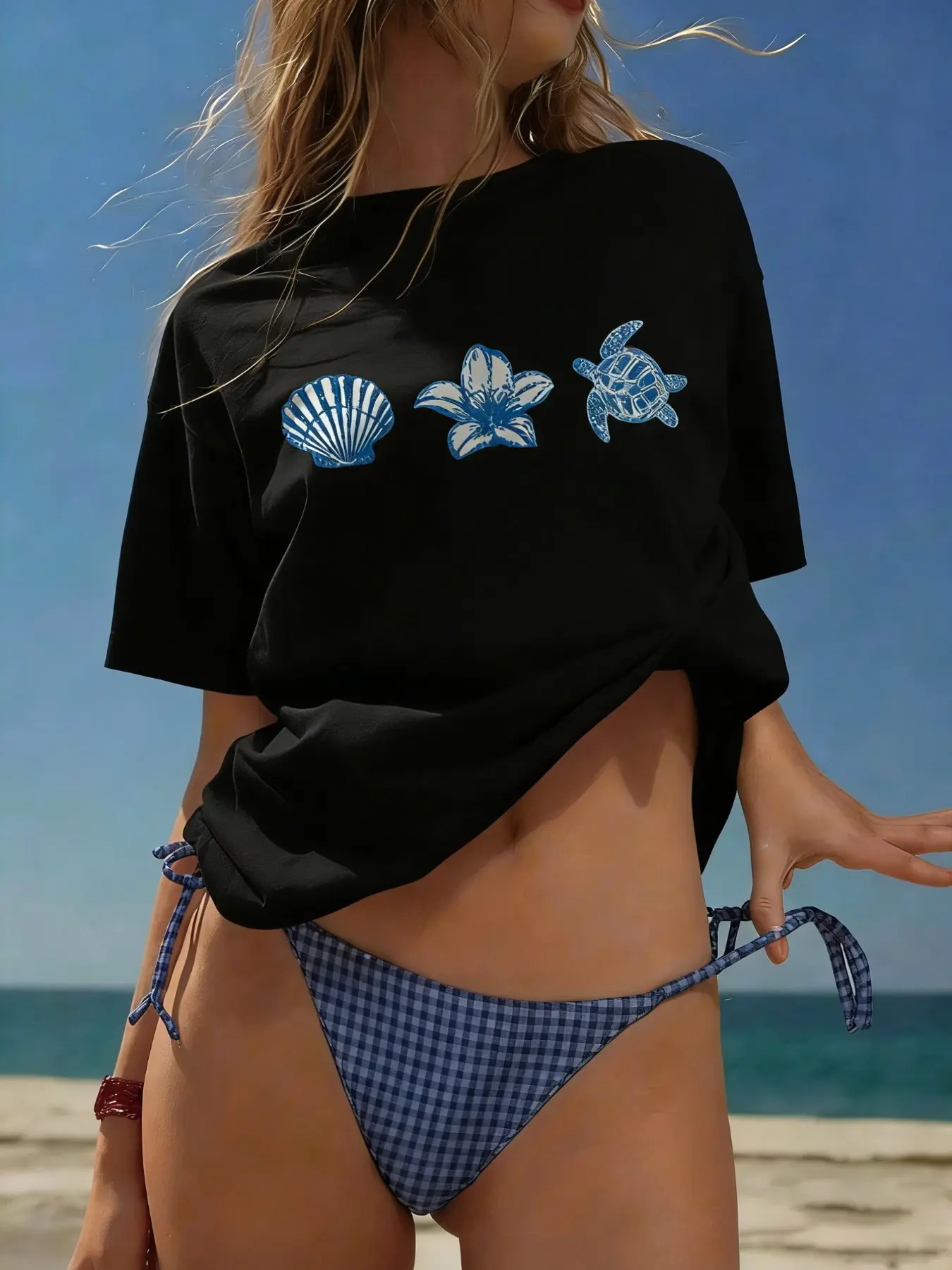 Women's Coastal Trio Shell Flower Turtle White T-Shirt, Summer, Casual, Baggy, Beachy Streetwear Top, Cotton Fabric, Tropical Coastal Aesthetic, Relaxed Oversized Fit, Eye-Catching Blue Line Art Print, Versatile Daily Wear, Perfect for Beach Style Fans
