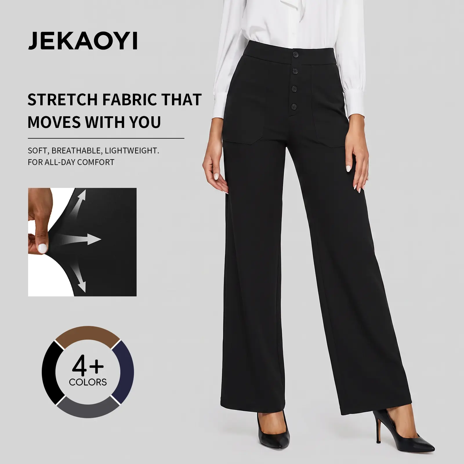 JEKAOYI Womens Casual High Waist Straight Leg Pants Stretchy Button Business Dress Work Pocket Trousers #SohoChic Campaign