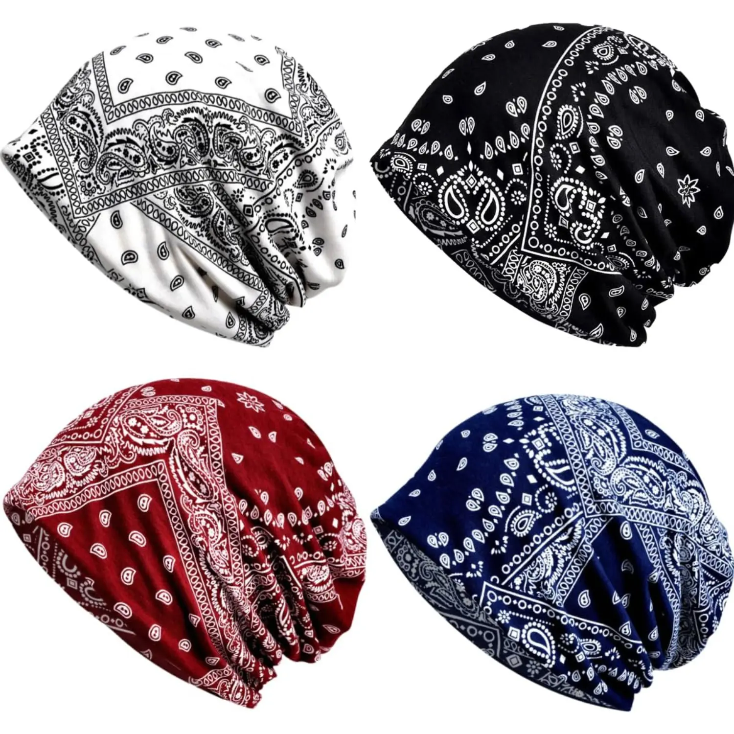 4 Pack Women’s Floral Turban Head Wraps Stretch Soft Flower Beanie Caps Full Coverage Head Scarves for Daily Wear