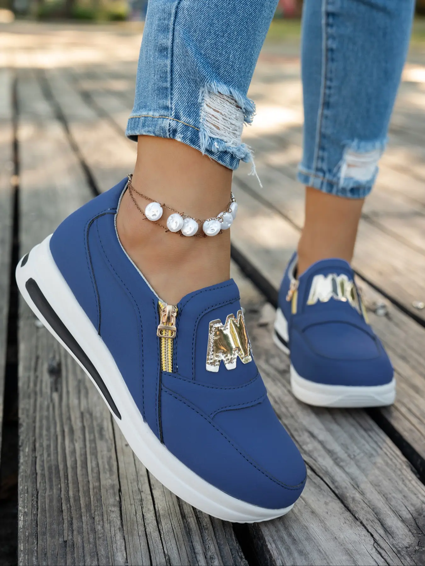 Women's Fashionable Letter Design Zipper Wedge Sporty Low Top Sneakers, Casual Trendy Sneakers, Casual Comfortable Sports Shoes for Daily Wear, Female All-match Round Toe Shoes for Daily Wear