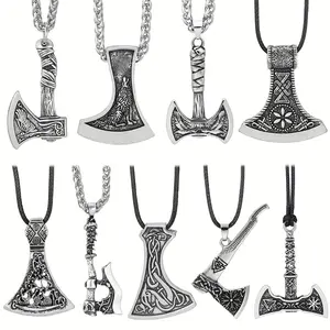 9pcs Men's Viking Necklace Nordic Axe Celtic Knot Wolf Axe Pendant Nordic Amulet Pendant Necklace Holiday Jewelry Gift