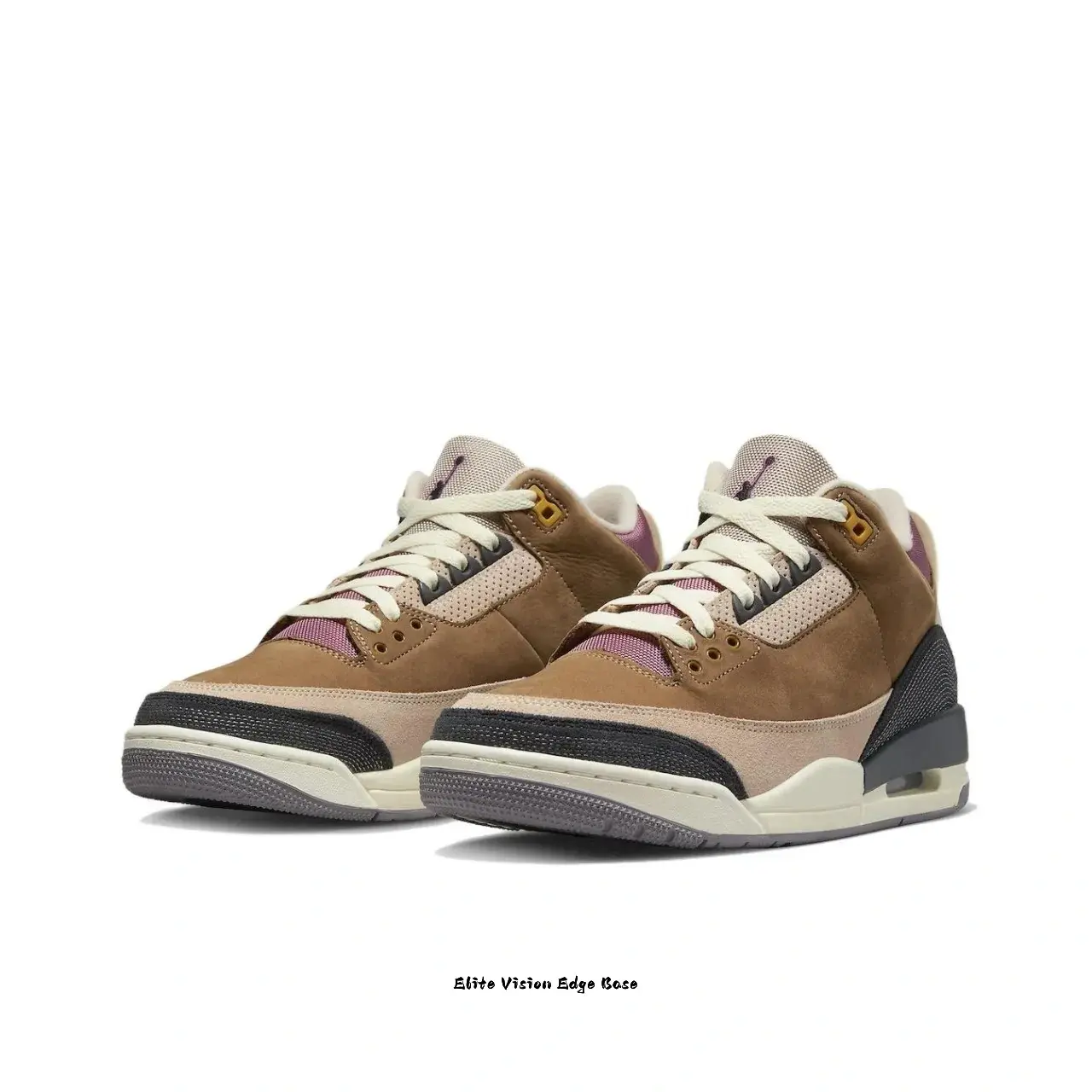 Tan-Beige Suede Patchwork Mid-Top Sneakers with Purple Textile and Elephant Print Details
