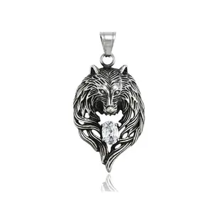 Wolf Charm in Sterling Silver with White Gemstone - Howling Wolf Pendant