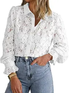 BTFBM Women's Lace Blouses Long Sleeve Button Down Tops 2026 Fall Fashion Shirt#Clearance