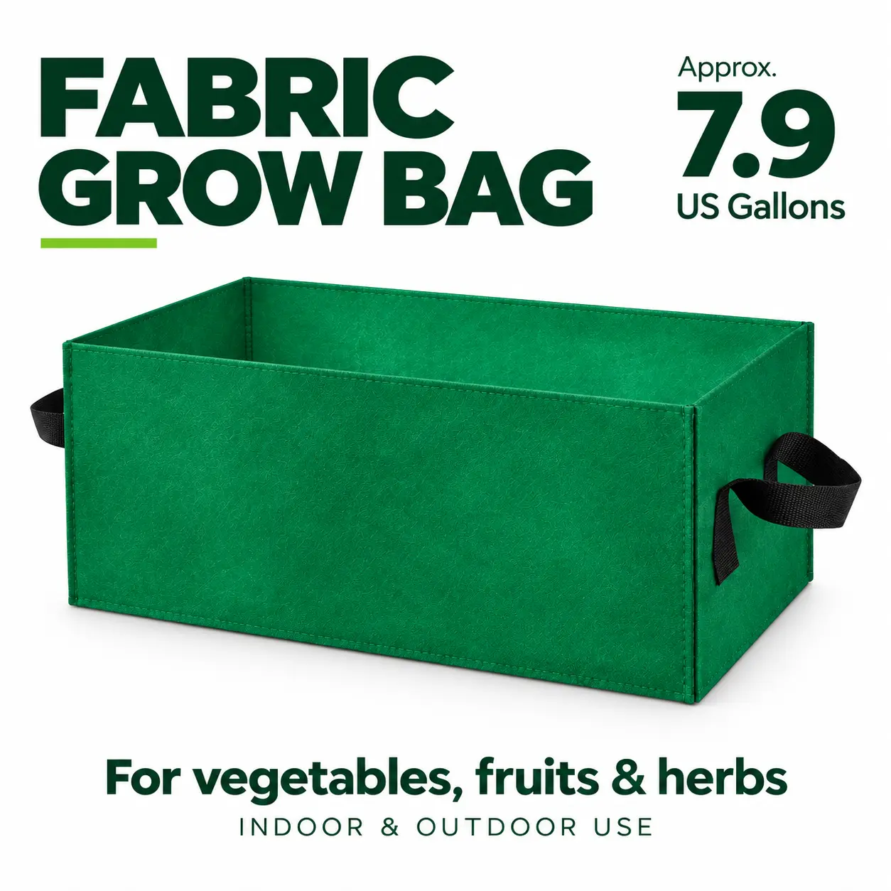 Green Rectangular Fabric Grow Bag with Handles, Approx. 7.9 US Gallons, Foldable Nonwoven Planter for Vegetables, Fruits & Herbs, Indoor & Outdoor Use